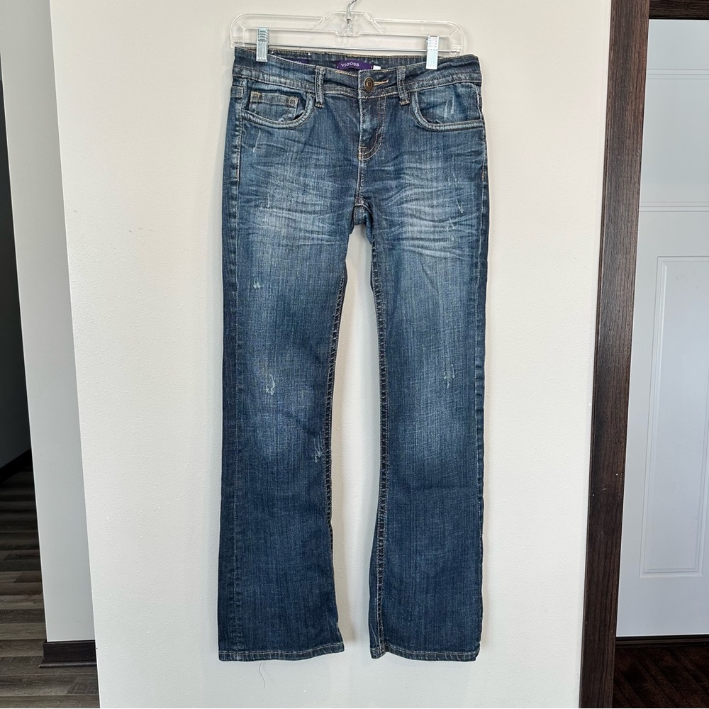 Vigoss New York Boot Cut Mid Rise Junior’s 5 Blue Denim Jeans Flap Back Pockets